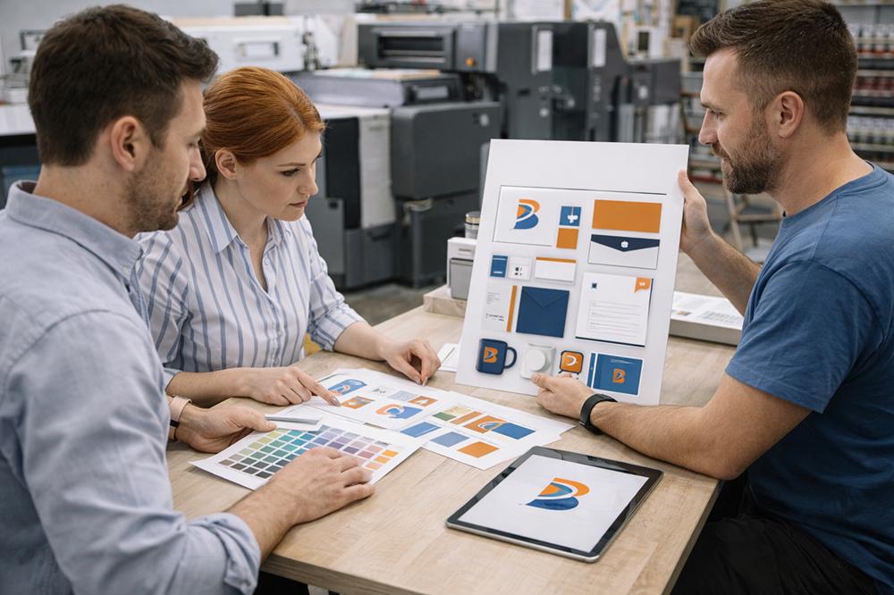 Креативная команда выбирает фирменный стиль компании в типографии