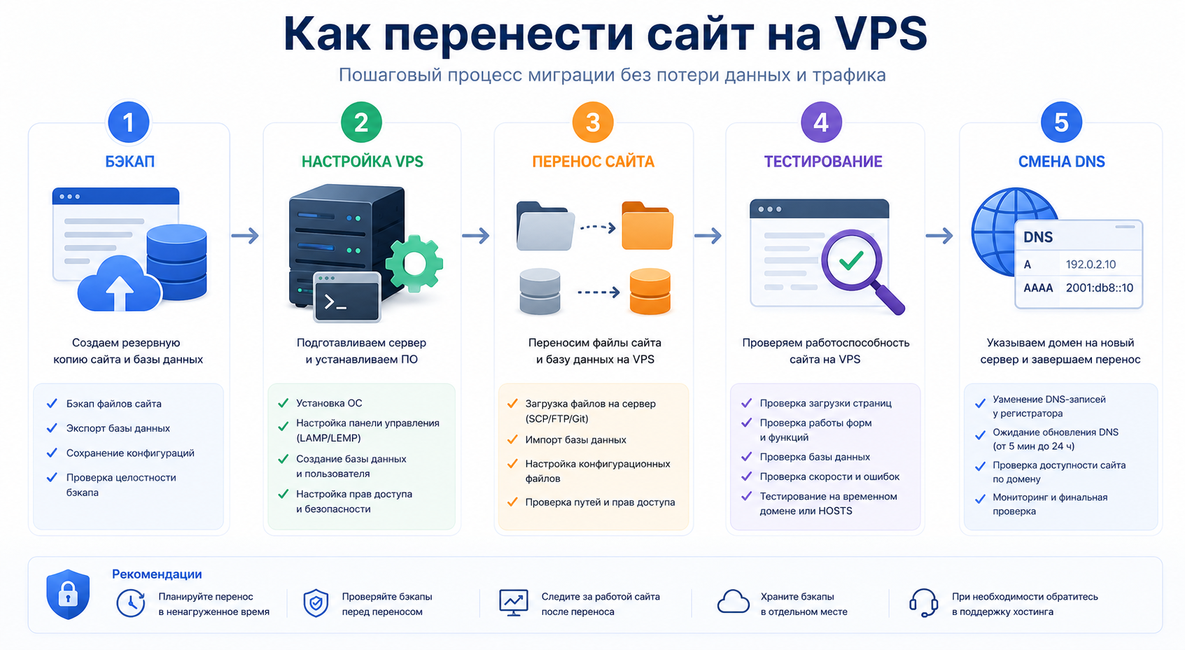 Схема процесса переноса сайта на VPS с этапами: бэкап, настройка, перенос, тестирование, смена DNS