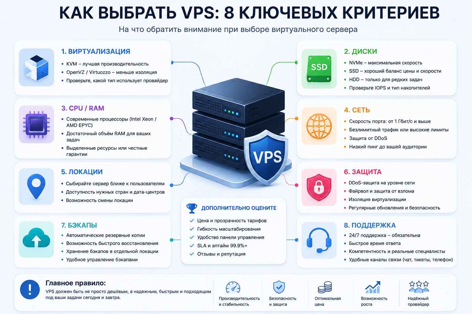 Инфографика с основными критериями выбора VPS: виртуализация, диски, CPU/RAM, сеть, локации, защита, бэкапы, поддержка