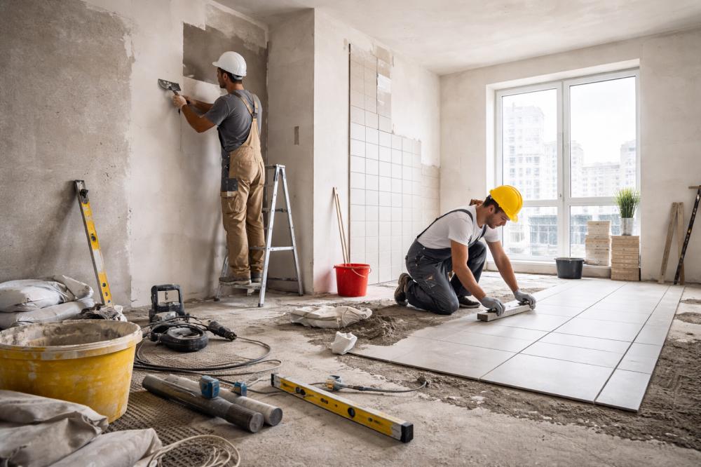 Строители работают над выравниванием стен и укладкой плитки в новостройке