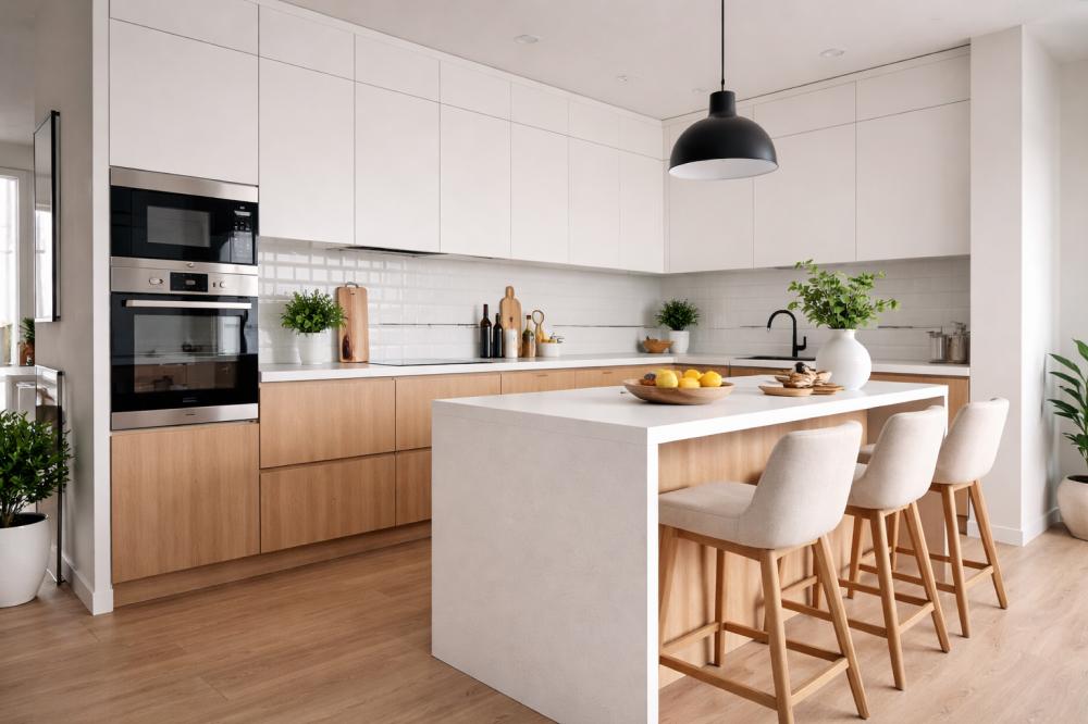 Современная кухня в новостройке с отделкой в стиле минимализм