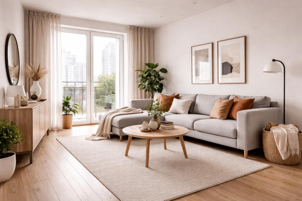 Просторная гостиная в новостройке с белыми стенами и натуральными материалами
