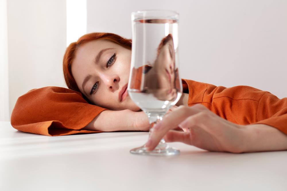 Девушка смотрит на полный стакан воды