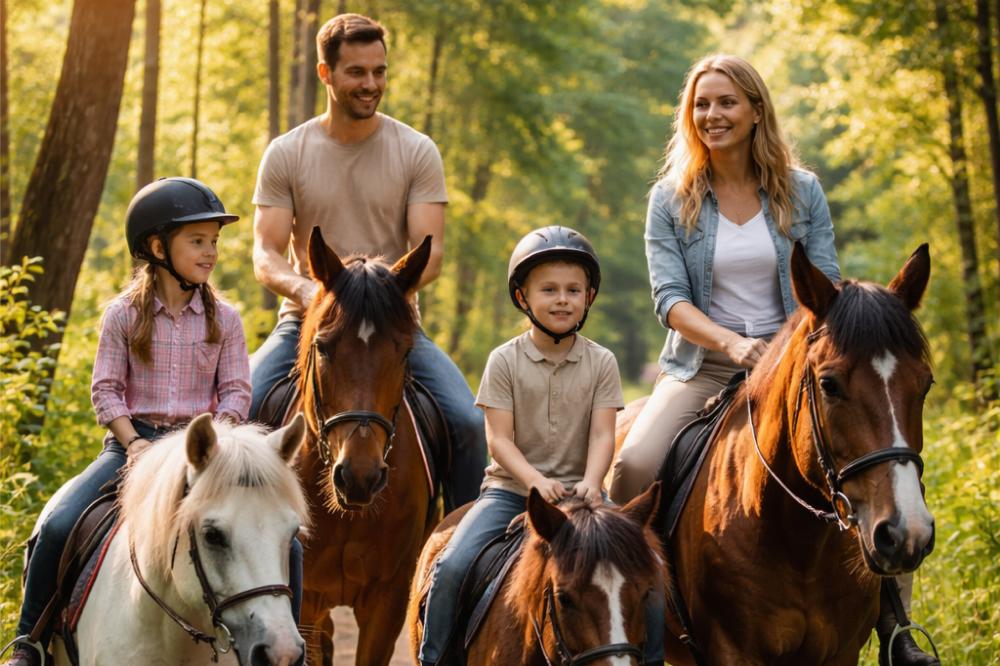 Семья наслаждается конной прогулкой по живописному лесу с лошадьми