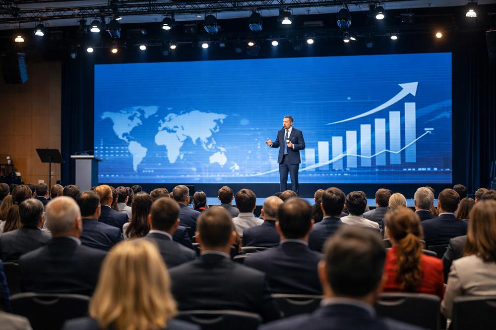 Современная бизнес-конференция с участниками и выступлением спикера