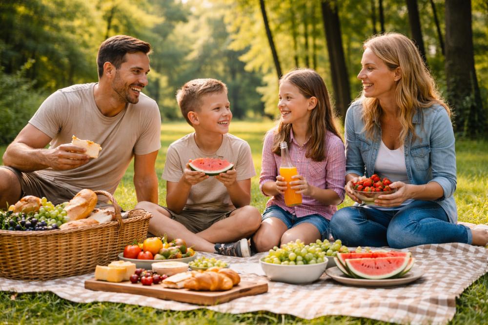 Пикник на природе с семьей на зелёной лужайке среди деревьев