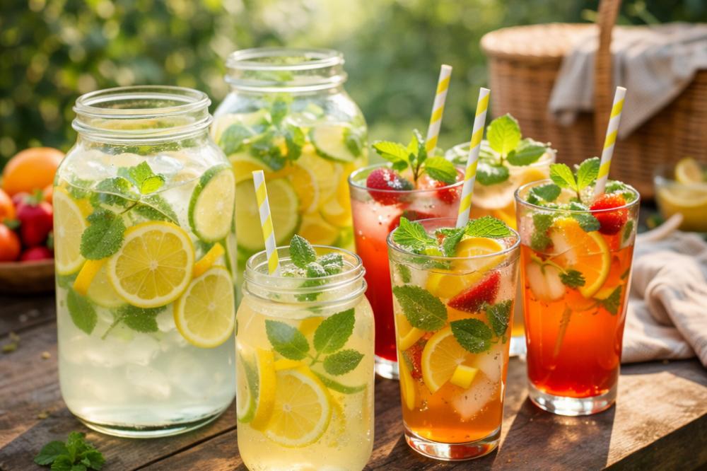 Лимонад и фруктовые коктейли на пикниковом столе на свежем воздухе