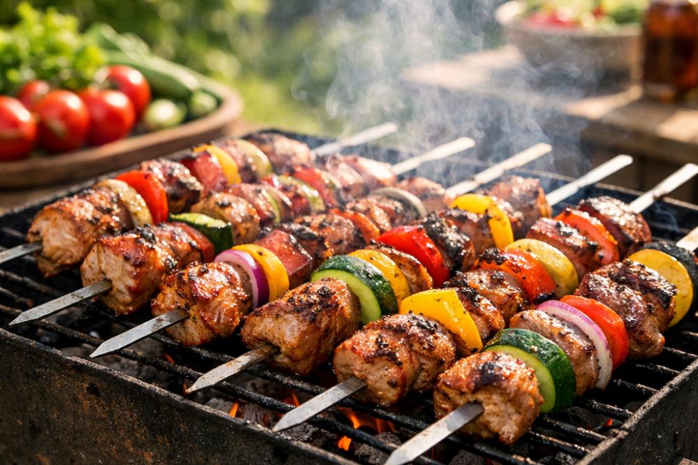 Шашлыки с мясом и овощами на мангале, окруженные природой