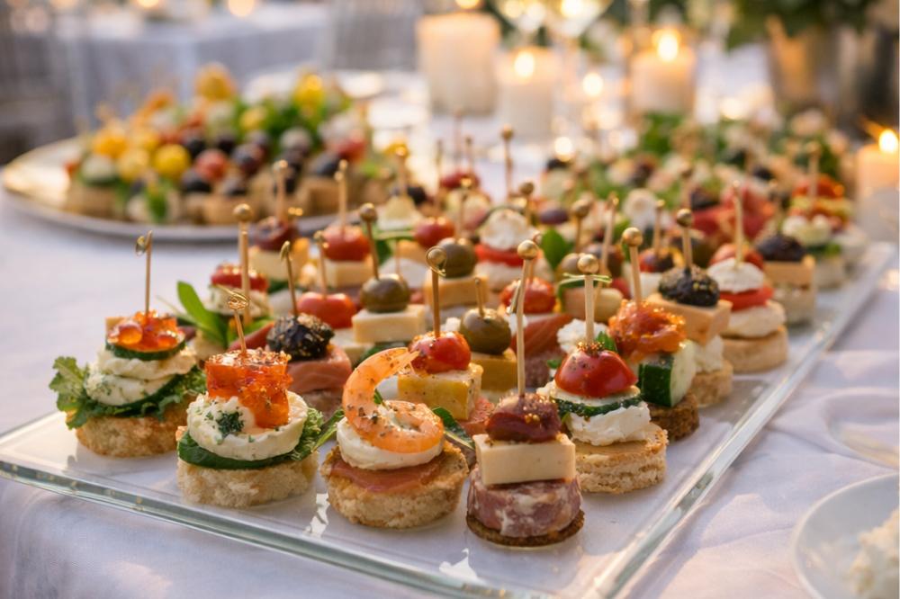Канапе с сыром, морепродуктами и овощами, элегантно расположенные на банкетном столе