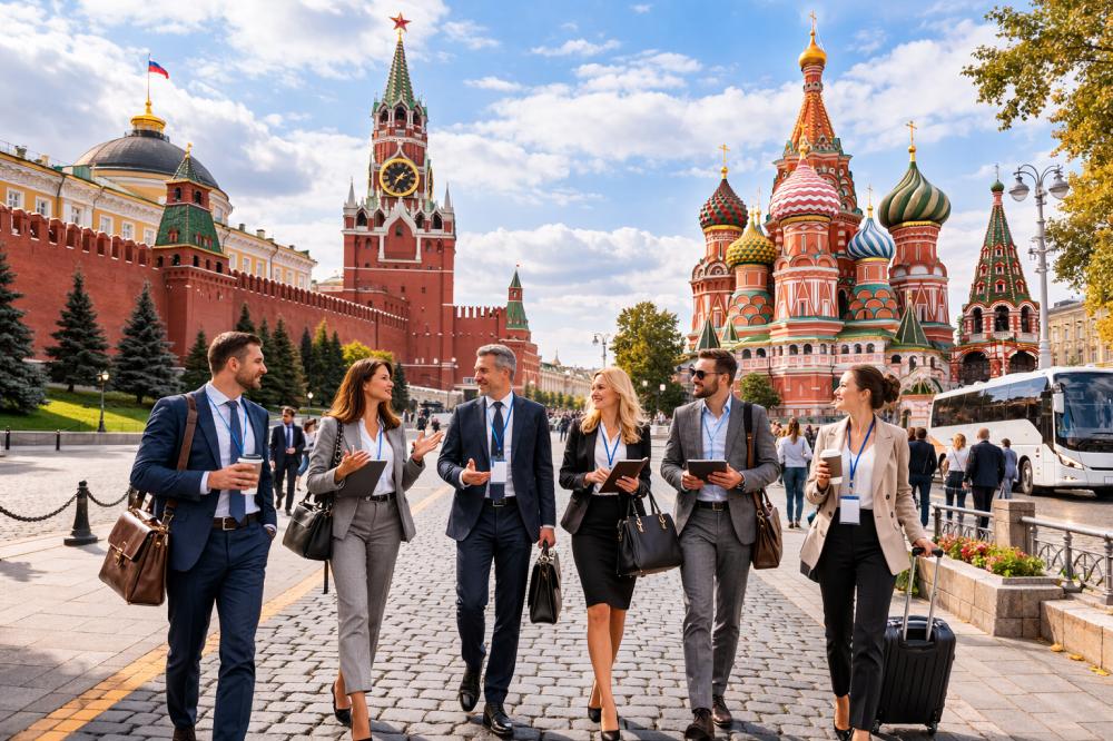 Группа людей на экскурсии по Москве, деловые путешествия и корпоративный туризм на Красной площади