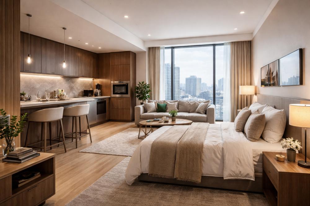 Современная комната апарт-отеля с кухней и гостиной