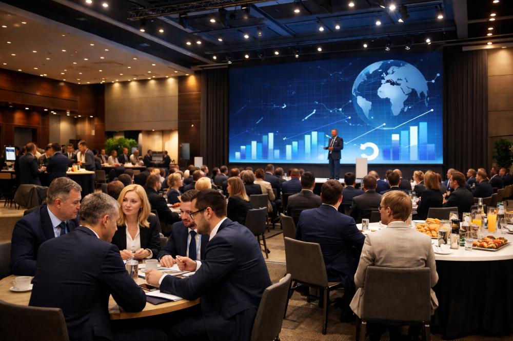 Конференц-зал в Москве с участниками и презентацией на экране, деловой туризм и MICE-мероприятия