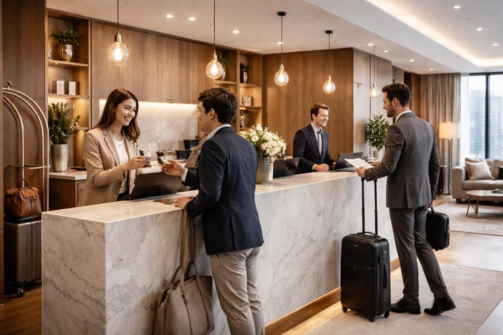 Стойка регистрации в роскошном апарт-отеле с персоналом и гостями