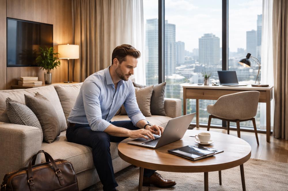Деловой путешественник работает на ноутбуке в комфортной гостиной апарт-отеля