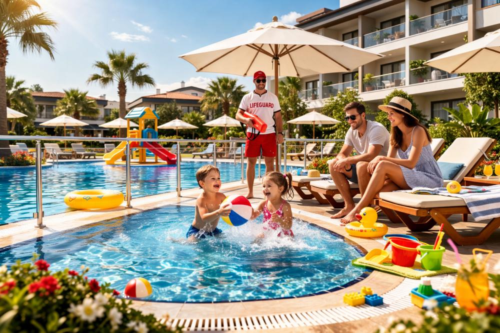 Отель с безопасными условиями для детей, бассейн с ограждениями и спасателем 