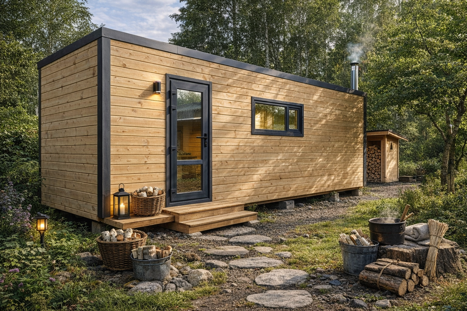 Модульная баня в лесу