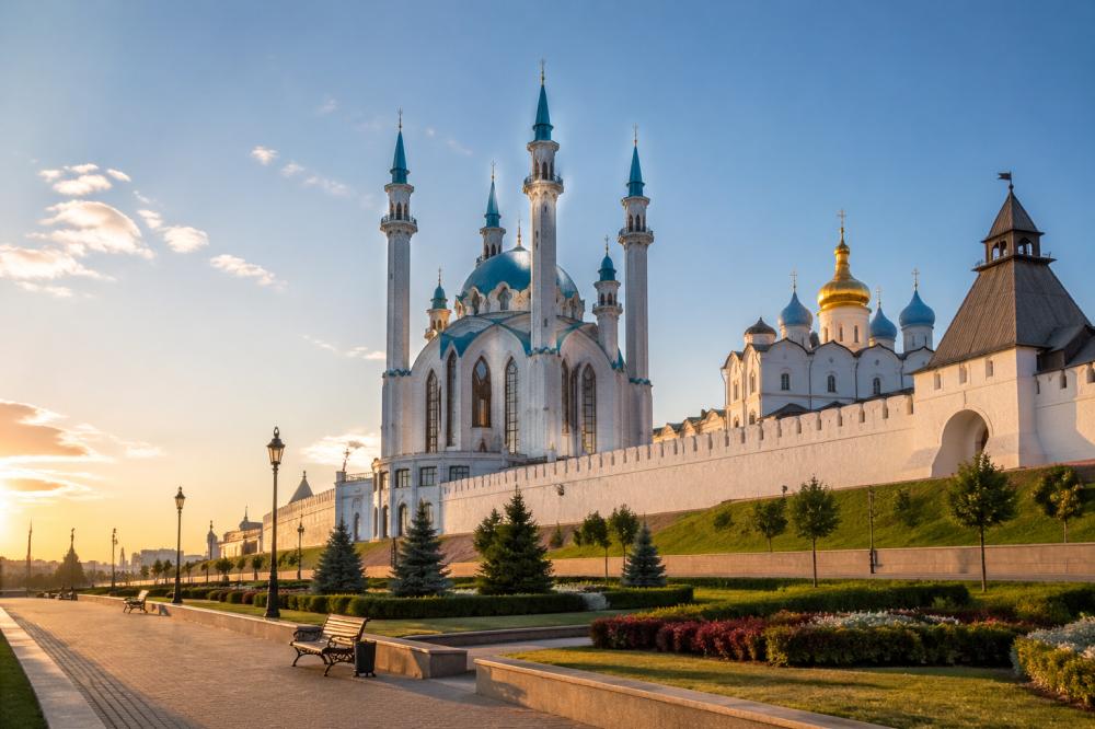 Казанский Кремль утром с мечетью Кул-Шариф и исторической архитектурой