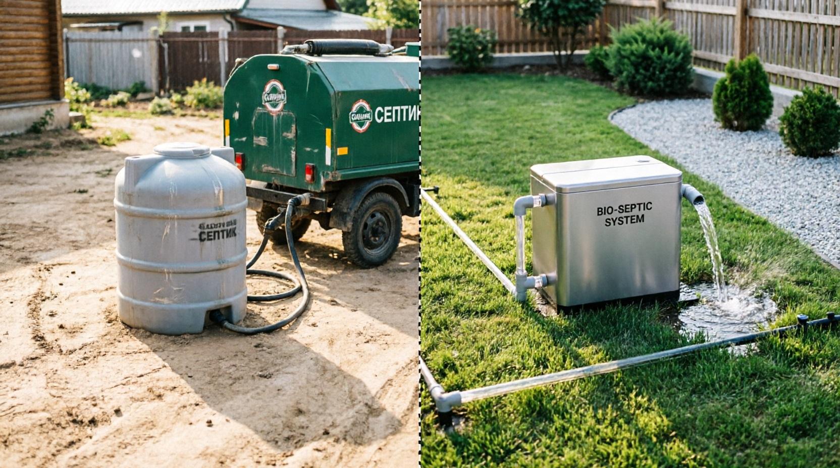 Сравнение двух решений: слева — накопитель с ассенизатором, справа — биостанция с поливом очищенной водой