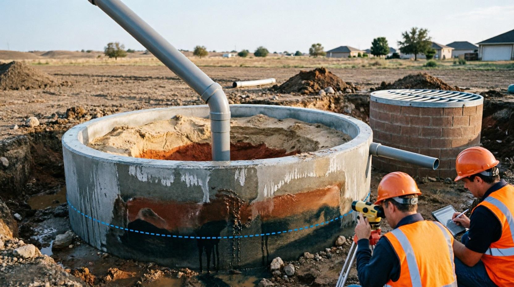 Септик из бетонных колец с фильтрационным колодцем и обозначением уровня грунтовых вод