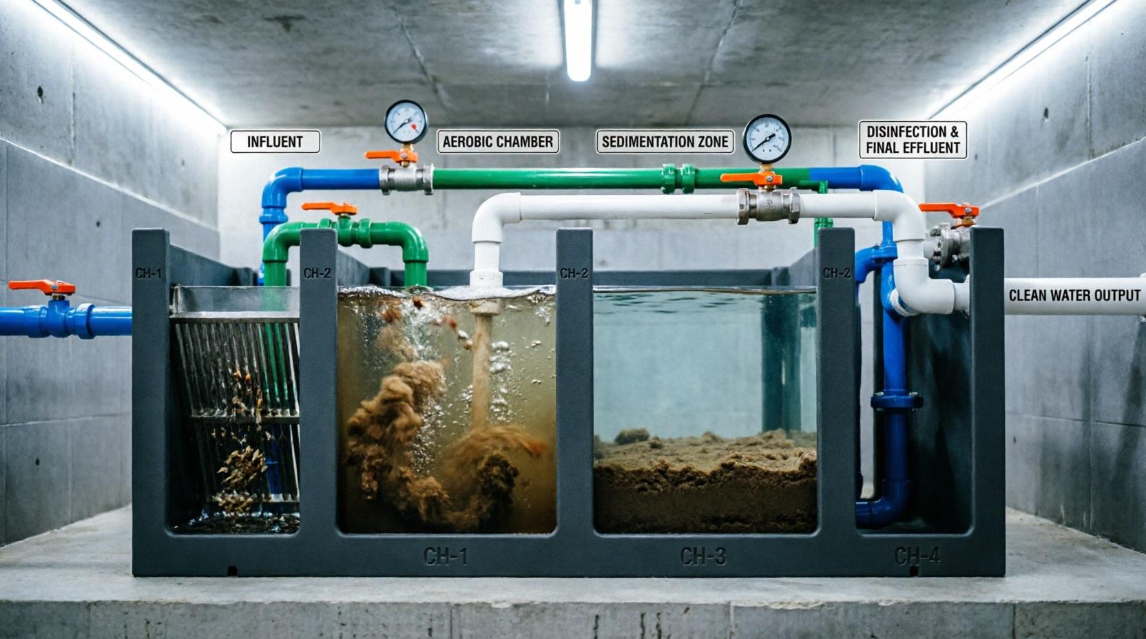 Разрез автономной станции с видимыми камерами и процессом очистки